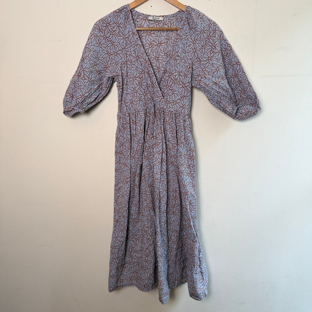 Madewell Floral Cotton Gauze Wrap Midi Dress Blue Brown Small Excellent